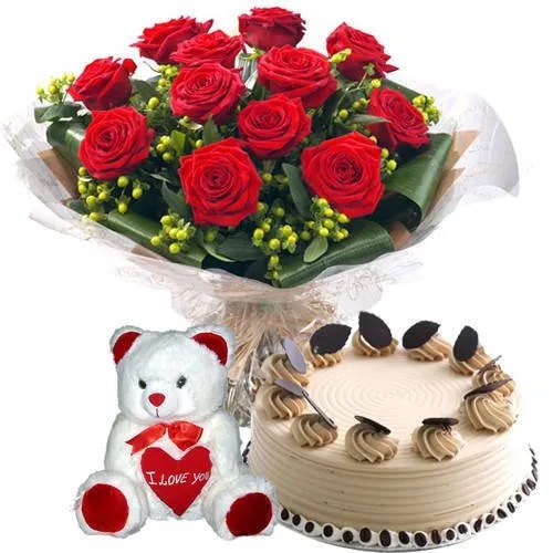 Book Red Roses Bouquet with Teddy N Coffee Cake Online Book Red Roses Bouquet with Teddy N Coffee Cake Online