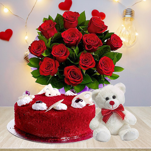 Lavish Selection of Red Velvet Cake with Red Roses Bouquet N Teddy Lavish Selection of Red Velvet Cake with Red Roses Bouquet N Teddy