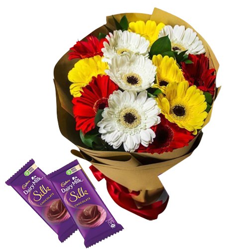 Hand-Arranged Assorted Gerberas Bouquet with Dairy Milk Silk Hand-Arranged Assorted Gerberas Bouquet with Dairy Milk Silk
