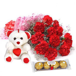 Charming Bouquet of Carnations with Teddy N Ferrero Rocher Charming Bouquet of Carnations with Teddy N Ferrero Rocher