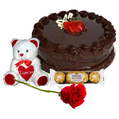 Order Red Rose with Chocolate Cake, Ferrero Rocher N Teddy Online Order Red Rose with Chocolate Cake, Ferrero Rocher N Teddy Online
