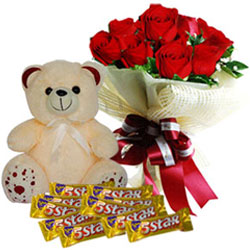 Impressive Bouquet of Red Roses with Cadbury 5 Star N Teddy Impressive Bouquet of Red Roses with Cadbury 5 Star N Teddy