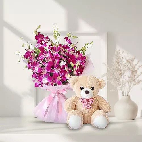 Lovely Orchids Bunch with Teddy Lovely Orchids Bunch with Teddy