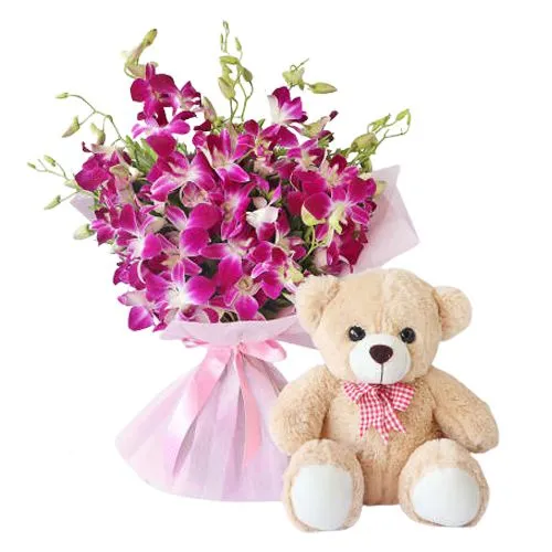 Send Orchids Bunch with Teddy