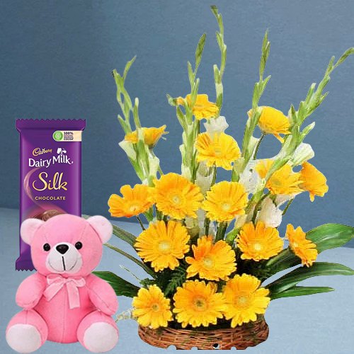 Graceful Yellow Gerberas Arrangement with Teddy N Dairy Milk Silk Graceful Yellow Gerberas Arrangement with Teddy N Dairy Milk Silk