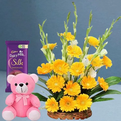 Order Yellow Gerberas Arrangement, Teddy N Dairy Milk Silk