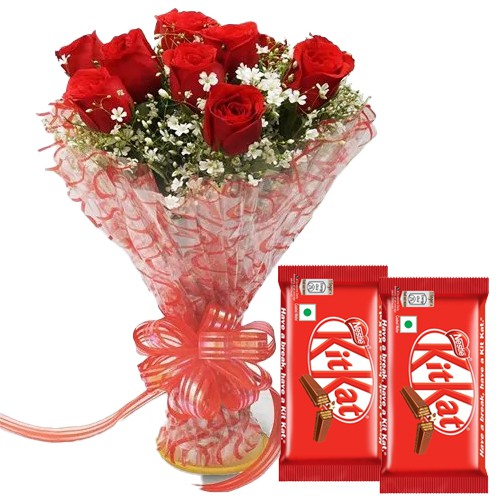 Yummy Nestle Kit Kat with Radiant Red Roses Bouquet Yummy Nestle Kit Kat with Radiant Red Roses Bouquet
