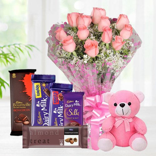 Hand-Arranged Pink Roses Bouquet with Teddy N Assorted Cadbury Chocolates Hand-Arranged Pink Roses Bouquet with Teddy N Assorted Cadbury Chocolates