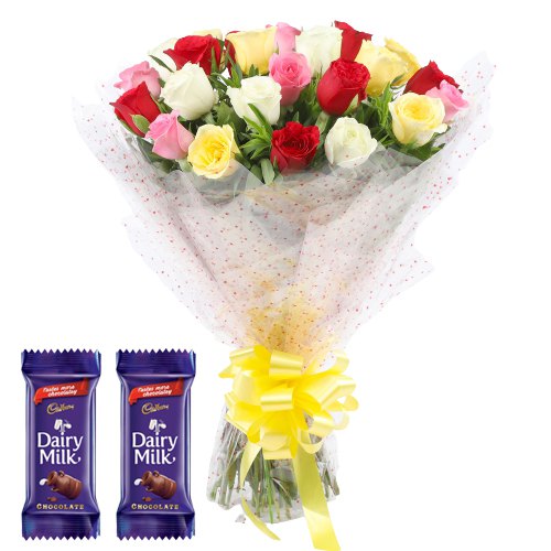 Color-Coordinated Mixed Roses Bouquet with Dairy Milk Crackle Color-Coordinated Mixed Roses Bouquet with Dairy Milk Crackle