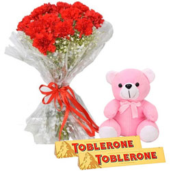 Precious Love Red Carnation Bouquet with Teddy N Toblerone Chocolate Precious Love Red Carnation Bouquet with Teddy N Toblerone Chocolate