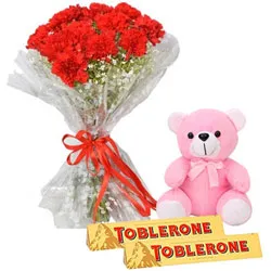 Precious Love Red Carnation Bouquet with Teddy N Toblerone Chocolate