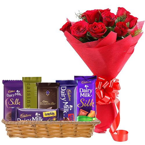 Basket of Cadbury Chocolates with Red Roses Basket of Cadbury Chocolates with Red Roses