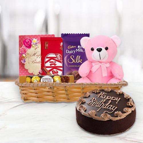 Basket of Birthday Gifts N Chocolate Cake Basket of Birthday Gifts N Chocolate Cake