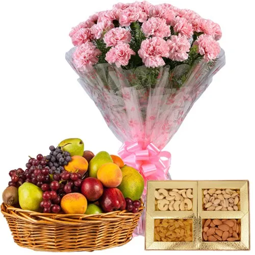 Premium Selection of Pink Carnations Basket with Assorted Dry Fruits and Fresh Fruits Basket