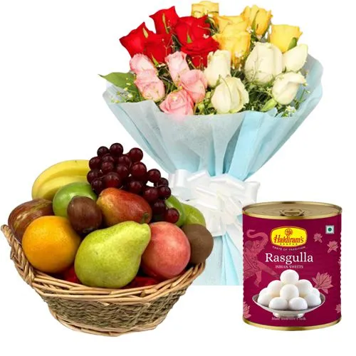 Combo of Roses Bouquet with Fruits Basket and Haldirams Rasgulla