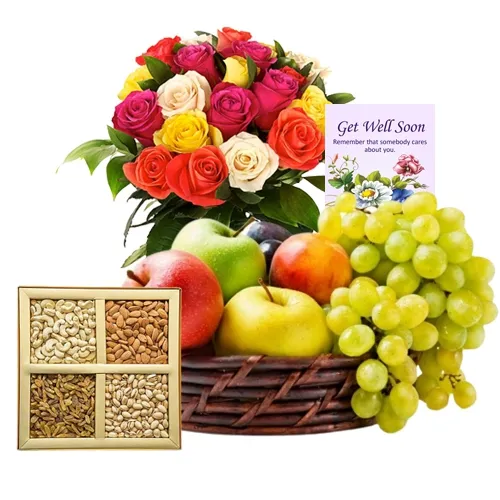 Delectable Assorted Fruits Basket with Dry Fruits N Flowers Arrangement