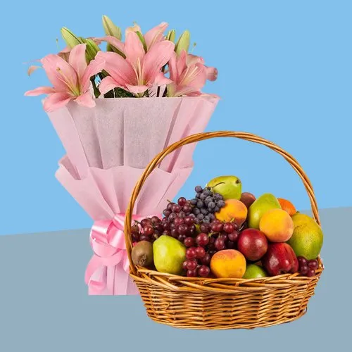 Buy Combo of Lilies Bouquet with Fresh Fruits Baskets
