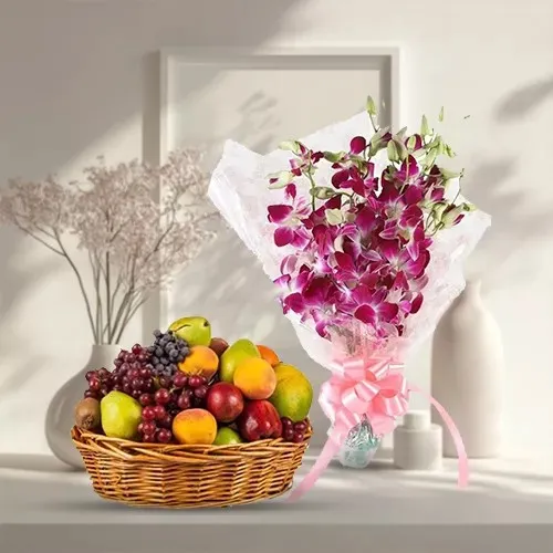 Deliver Bouquet of Orchids with Fresh Fruits Basket