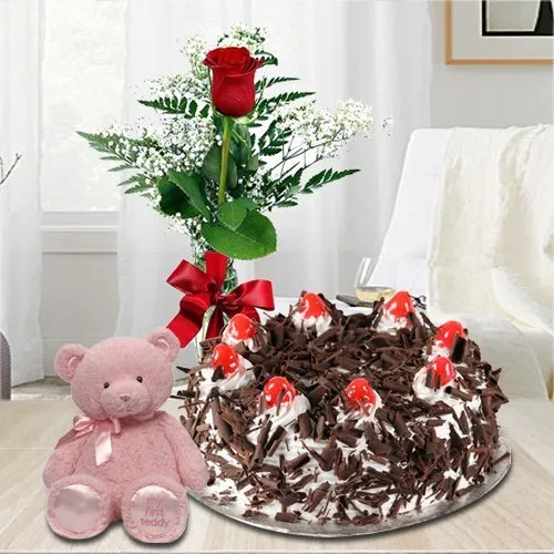 Send Online Black Forest Cake with Red Rose N Small Teddy