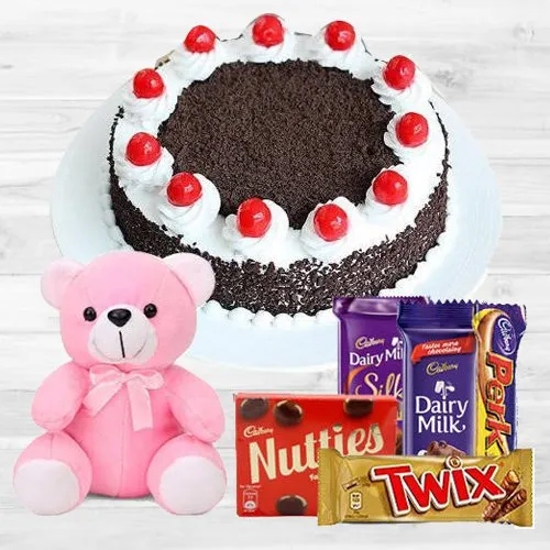 Savory 1 Lb Black Forest Cake with Assorted Cadburys Chocolate and a Small Teddy Savory 1 Lb Black Forest Cake with Assorted Cadburys Chocolate and a Small Teddy
