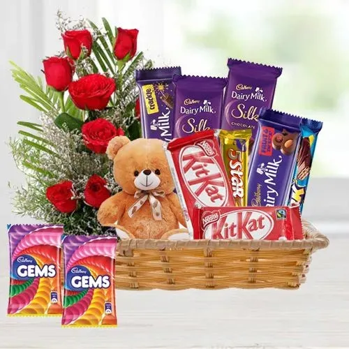 Online Chocolates Basket with Red Rose Bouquet