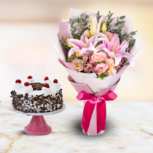 Vibrant Multi-Colored Flowers Bouquet with 1 Lb Black Forest Cake Vibrant Multi-Colored Flowers Bouquet with 1 Lb Black Forest Cake