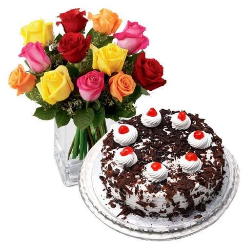 Passionate 24 Mixed Roses with 1 Kg Black Forest Cake from Taj or 5 Star Bakery Passionate 24 Mixed Roses with 1 Kg Black Forest Cake from Taj or 5 Star Bakery