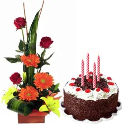 Buy Seasonal Flowers Arrangement with Black Forest Cake
