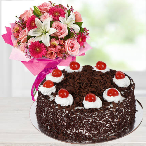 Gift Mixed Floral Arrangement n Black Forest Cake Online Gift Mixed Floral Arrangement n Black Forest Cake Online