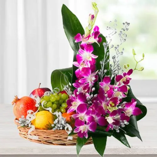 Delightful Flowers with Mixed Fruits Basket