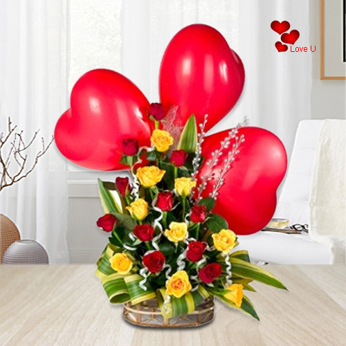 Deliver Online Mixed Roses Basket with Heart Balloons Deliver Online Mixed Roses Basket with Heart Balloons