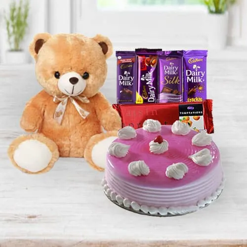 Sending Strawberry Cake with Chocolates N Teddy