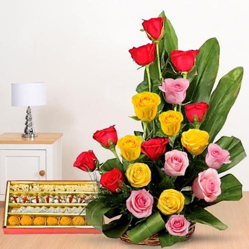 Admirable colorful mixed Roses and palatable assorted Sweets Admirable colorful mixed Roses and palatable assorted Sweets