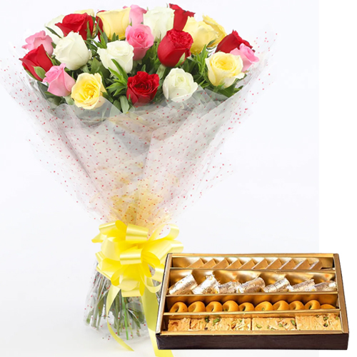 Tender Combo Love Gift of 500 Gr. Sweets with 20 Colorful Roses Tender Combo Love Gift of 500 Gr. Sweets with 20 Colorful Roses