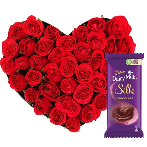 Beautiful Heart Shape Red Rose Bouquet with Dairy Milk Silk