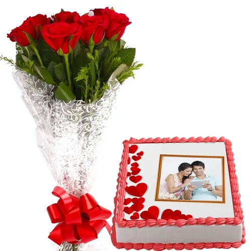 Fabulous Combo of Vanilla Photo Cake with Red Roses Posy