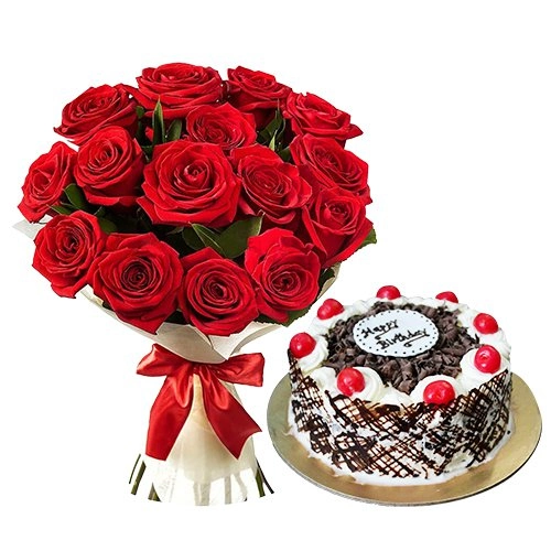 Classy Gift of Black Forest Cake with Red Rose Arrangement