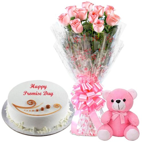 Tempting Promise Day Special Vanilla Cake with Love Teddy N Pink Roses