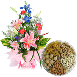 Seasonal Flowers Bouquet with Assorted Dry Fruits Seasonal Flowers Bouquet with Assorted Dry Fruits