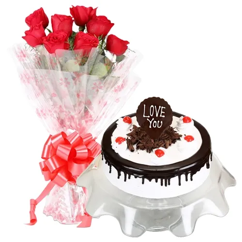 Adorable ILU Black Forest Cake with Red Roses Bouquet