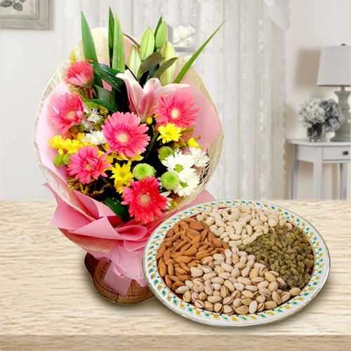 Radiant Seasonal Flowers with Dry Fruits Radiant Seasonal Flowers with Dry Fruits