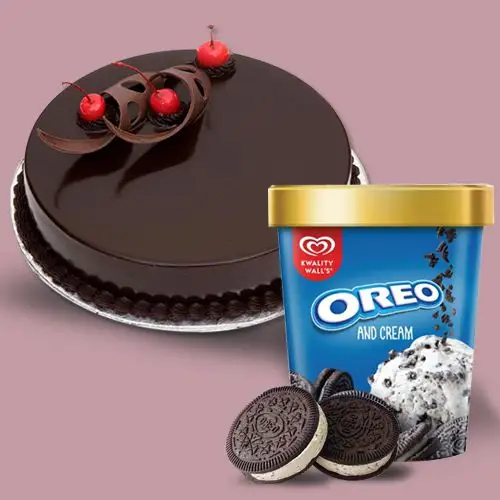 Classy Gift of Chocolate Truffle Cake N Oreo Ice Cream Tub for Wife