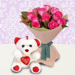 Eye-Catching Small Teddy Bear and Roses for Mom Eye-Catching Small Teddy Bear and Roses for Mom