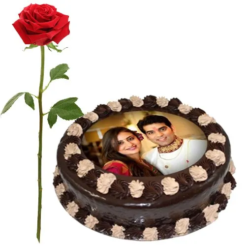 Send Single Red Rose with Chocolate Photo Cake
