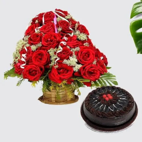 Dazzling Combo of 50 Red Roses Basket with Chocolate Cake Dazzling Combo of 50 Red Roses Basket with Chocolate Cake