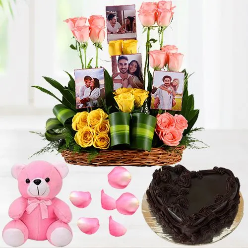 Stunning Roses N Personalized Photo Basket with Love Cake n Cute Teddy