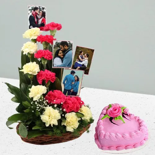 Spectacular Personalized Photo N Carnations Arrangement with Love Strawberry Cake