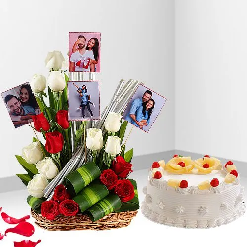 Enigmatic Combo of Personalized Photo n Mixed Roses Basket with Pineapple Cake