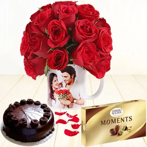 Radiant Red Roses in Personalized Photo Mug with Chocolate Cake n Ferrero Moments
