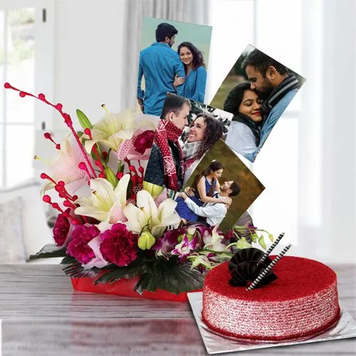 Special Basket of Mixed Flowers n Personalized Photo with Red Velvet Cake